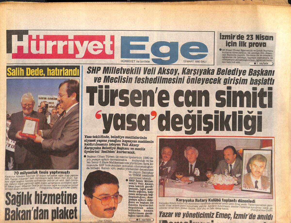 Hürriyet Gazetesi Ege Eki 13 Mart 1990 - Türsen'e Can Simiti 'Yasa' Değişikliği - Bornova Anadolu Liseliler, Birinci GZ135655 - 1