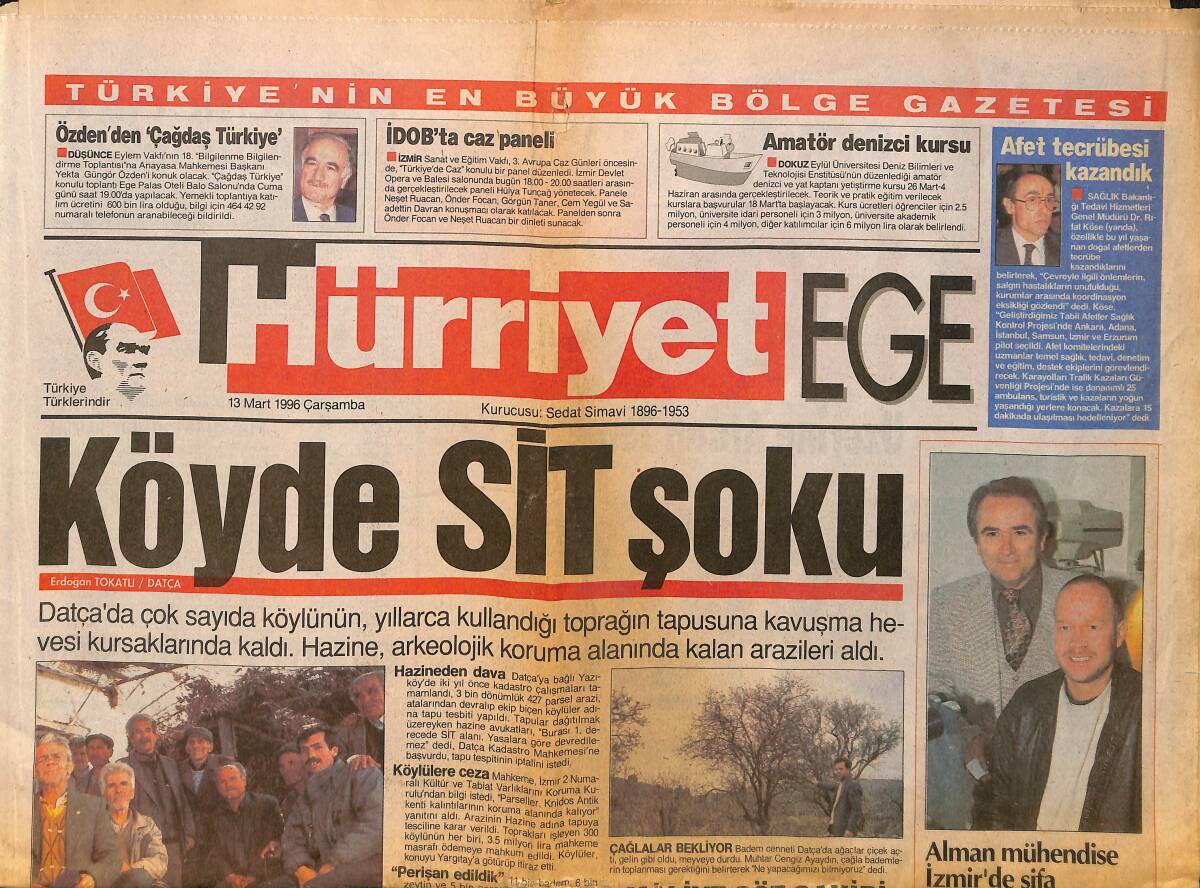 Hürriyet Gazetesi Ege Eki 13 Mart 1996 - Köyde SİT Şoku - Alman Mühendise İzmir'de Şifa GZ153619 - 1