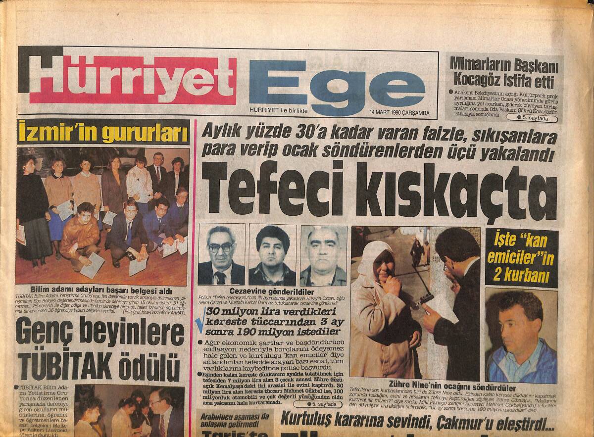 Hürriyet Gazetesi Ege Eki 14 Mart 1990 - Genç Beyinlere Tubitak Ödülü - İzmir-Adana Futbol Savaşı GZ153725 - 1