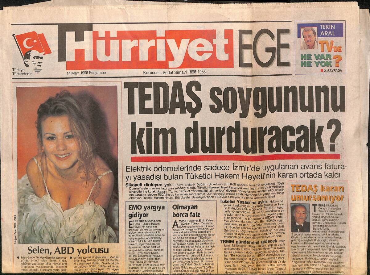 Hürriyet Gazetesi Ege Eki 14 Mart 1996 - Selen ABD Yolcusu - Rafet El Roman İzmir'e Geliyor GZ153680 - 1
