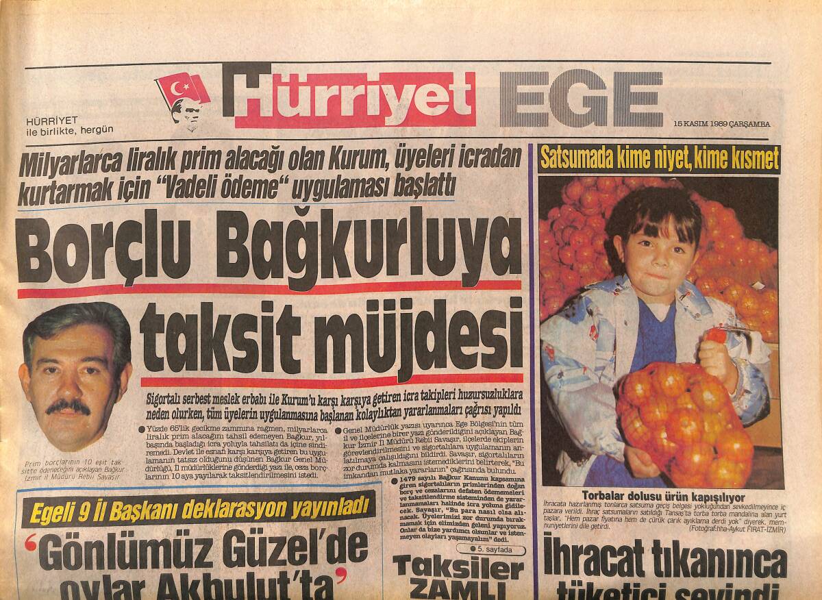 Hürriyet Gazetesi Ege Eki 15 Kasım 1989 - Burhaniye'de Alevli Protesto - Denizlispor'a Prim Dopingi GZ153736 - 1
