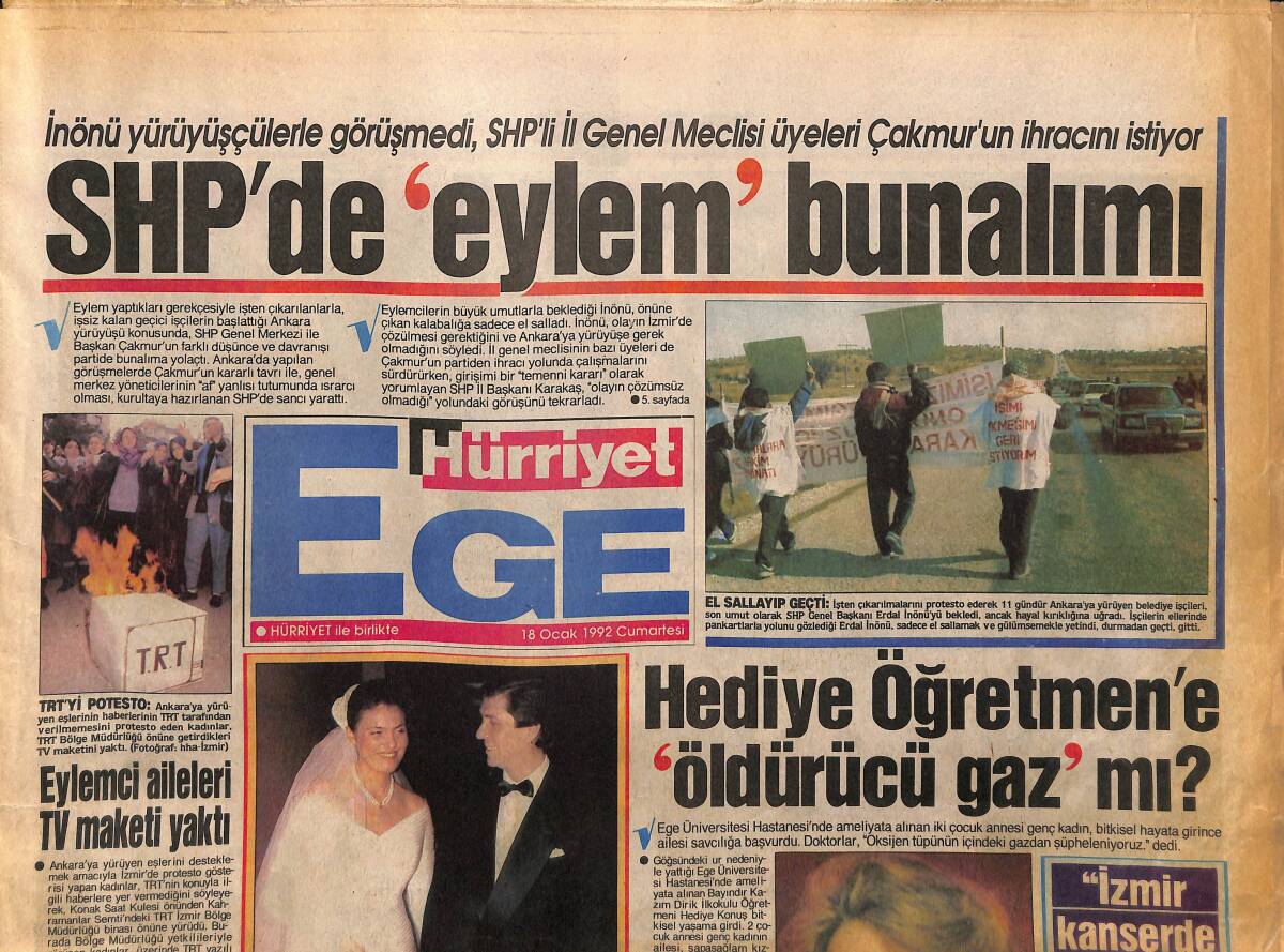 Hürriyet Gazetesi Ege Eki 18 Ocak 1992 - Şenocakların En Mutlu Günü - İzmir Kanserde Üçüncü GZ153721 - 1