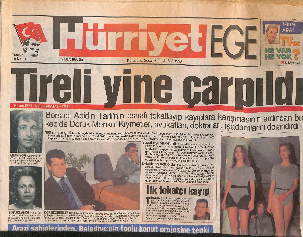 Hürriyet Gazetesi Ege Eki 19 Mart 1996 - Bir Yıldız Doğuyor Levent Gündüz - Tireli Yine Çarpıldı GZ153614 - 1