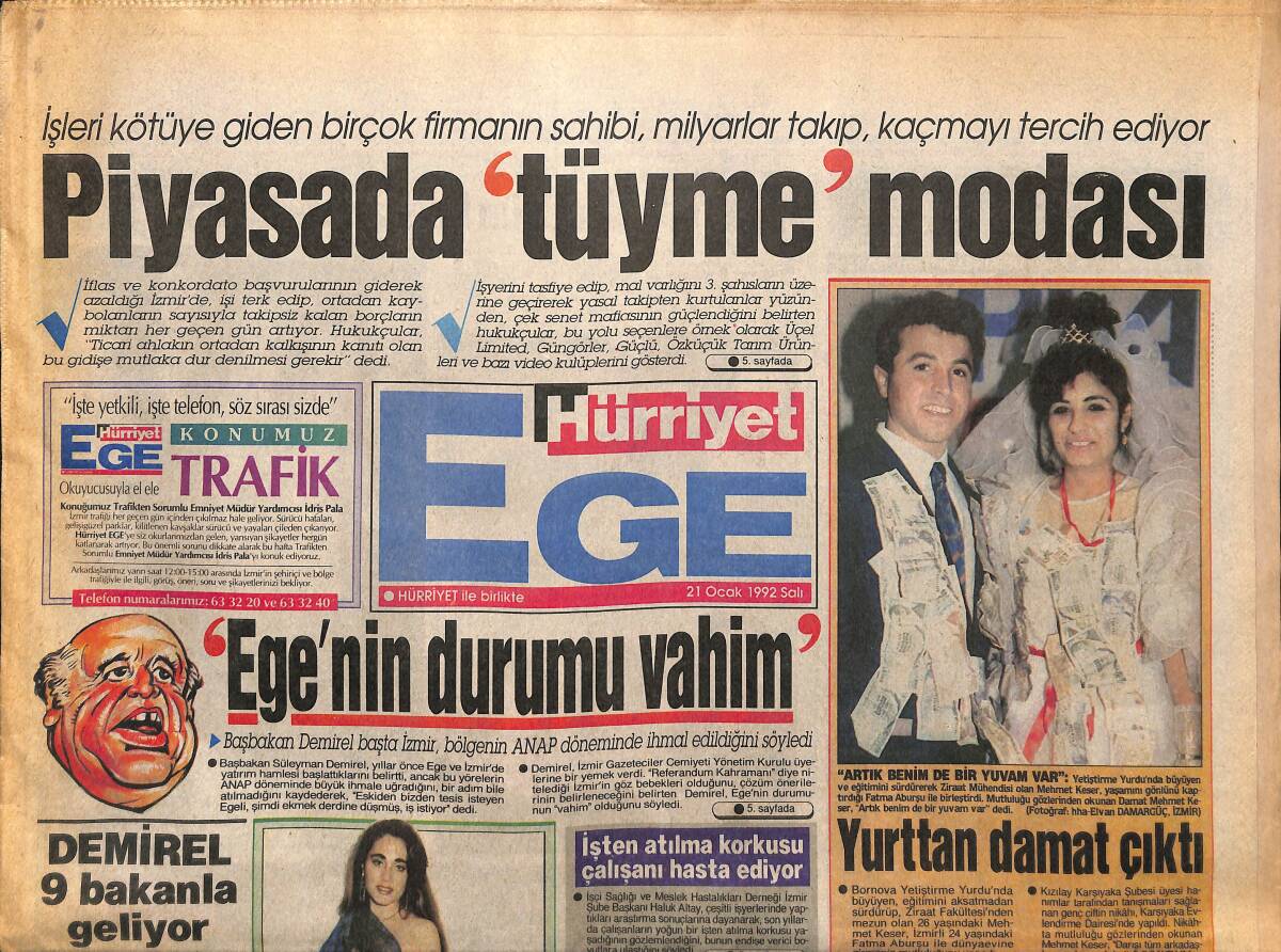 Hürriyet Gazetesi Ege Eki 21 Ocak 1992 - Hilton'da İlk Düğün - Demirel 9 Bakanla Geliyor GZ153720 - 1