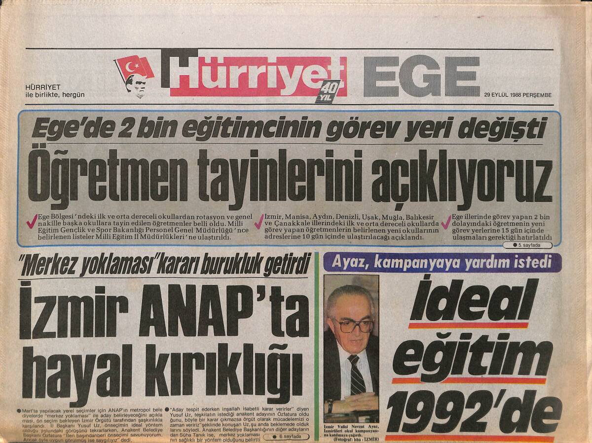 Hürriyet Gazetesi Ege Eki 29 Eylül 1988 - Naim İzmir'e Geliyor - Göztepe'de Prim 400 Bin GZ153653 - 1