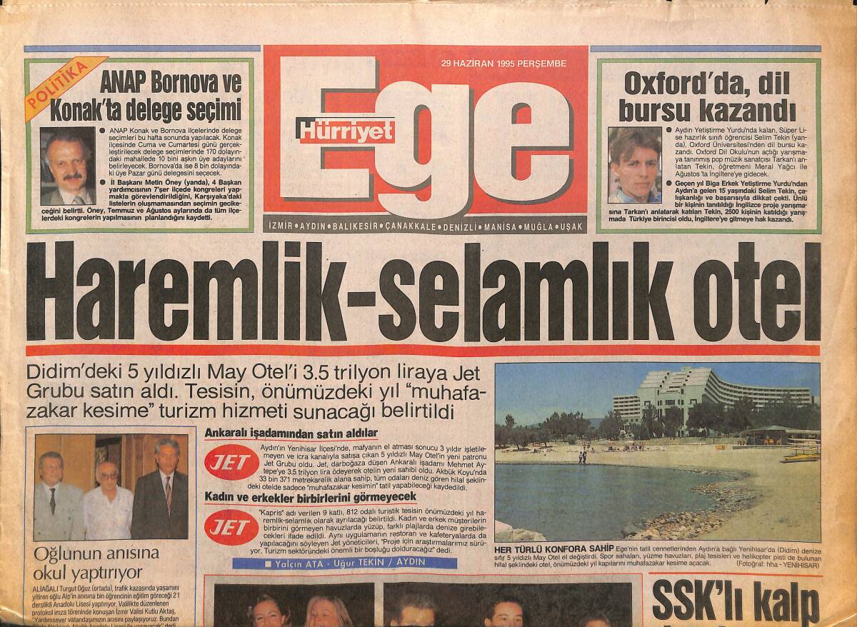 Hürriyet Gazetesi Ege Eki 29 Haziran 1995 - Haremlik Selamlık Otel - SSK'lı Kalp Hastasına İyi Haber GZ153643 - 1