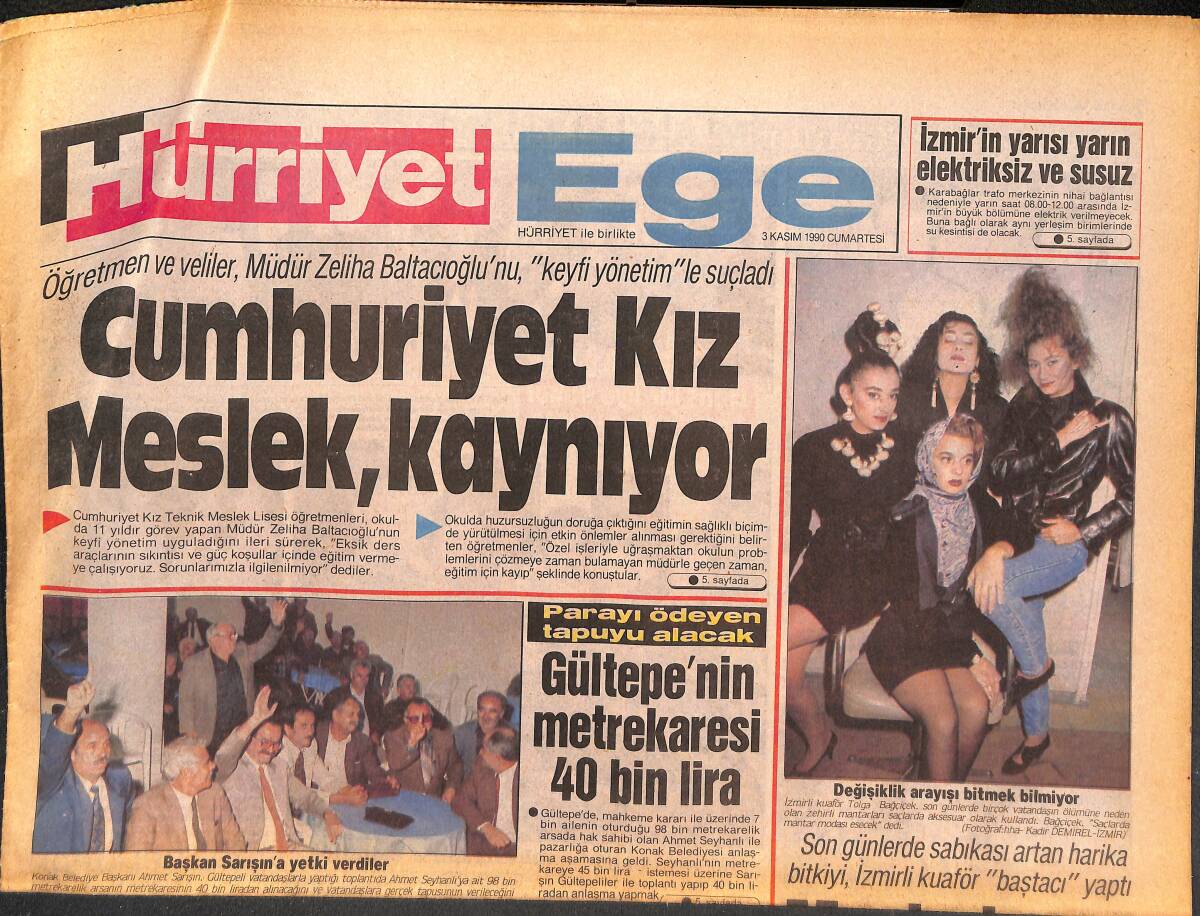 Hürriyet Gazetesi Ege Eki 3 Kasım 1990 - SHP'de Şirket Kavgası - İzmir'in Yarısı Yarın Elektriksiz Ve Susuz GZ135037 - 1