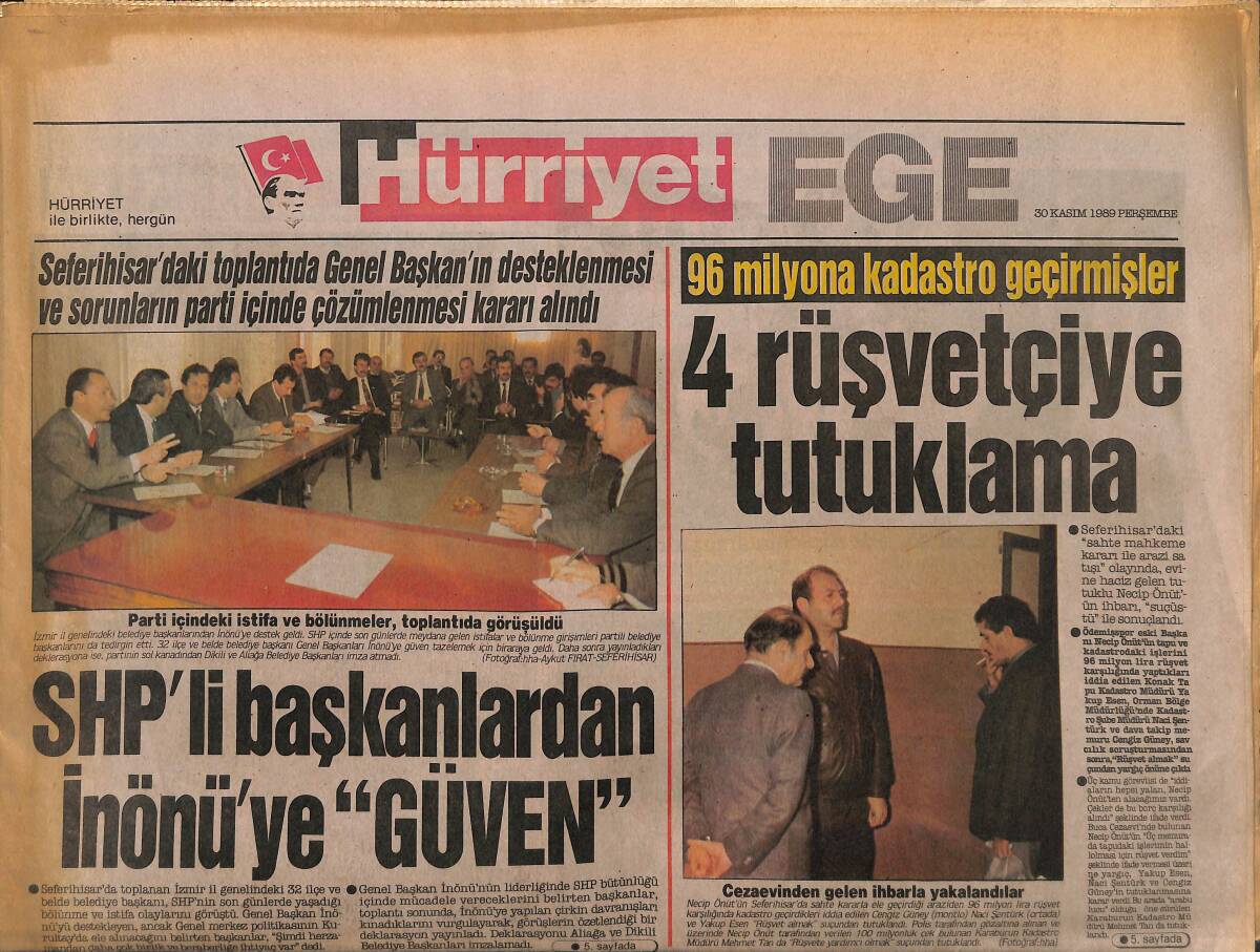 Hürriyet Gazetesi Ege Eki 30 Kasım 1989 - SHP'li Başkanlardan İnönü'ye Güven - Şükran Yurdakul, Halk Kütüphanesini Unutmadı GZ153730 - 1