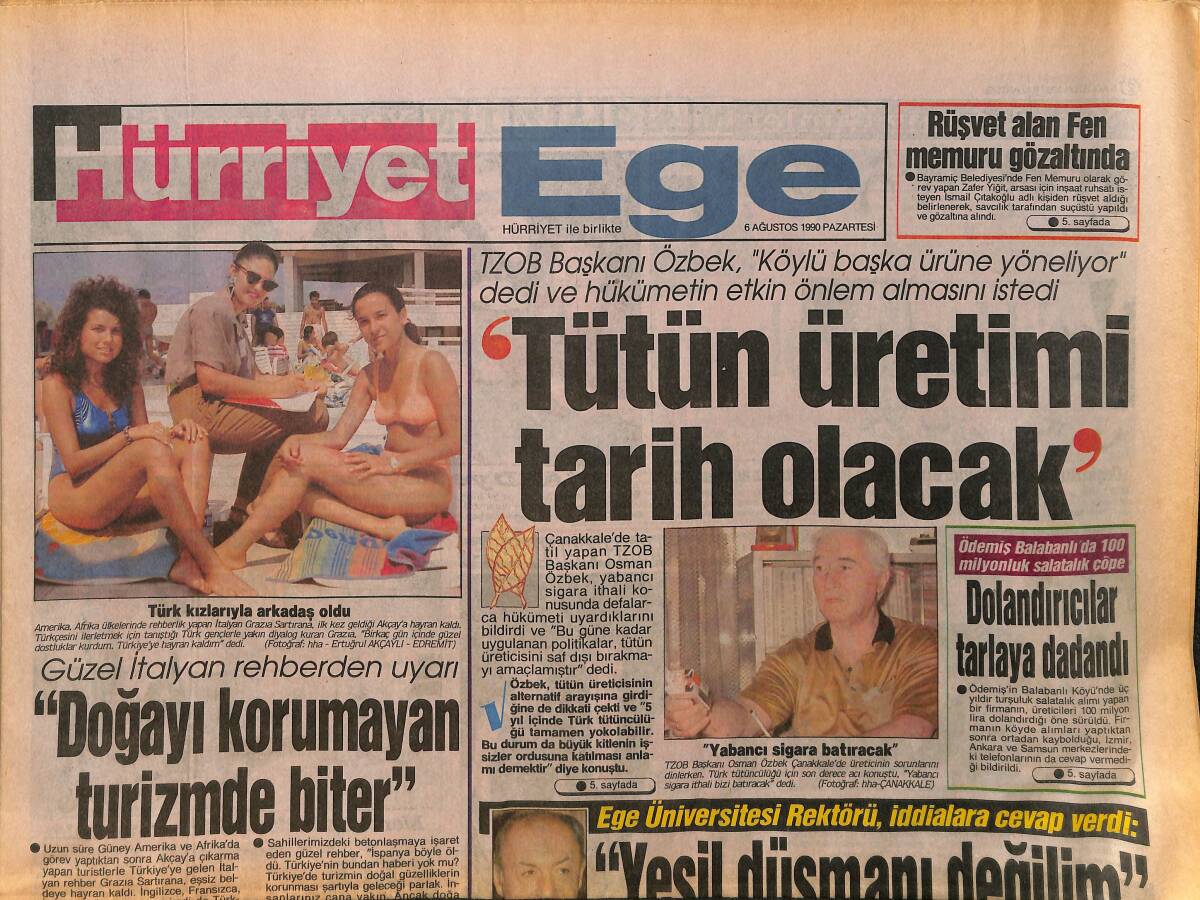 Hürriyet Gazetesi Ege Eki 6 Ağustos 1990 - Ege'nin Plajları İnsan Seli - Mercedes'in Dev Çekicileri Tanıtıldı GZ153621 - 1