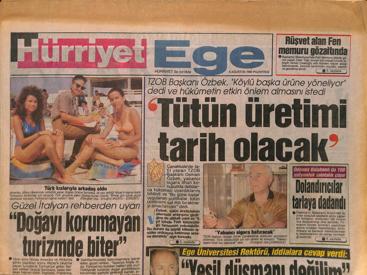 Hürriyet Gazetesi Ege Eki 6 Ağustos 1990 - Ege'nin Plajları İnsan Seli - Mercedes'in Dev Çekicileri Tanıtıldı GZ153622 - 1