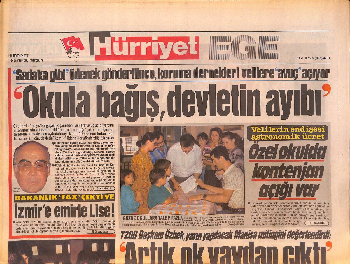 Hürriyet Gazetesi Ege Eki 6 Eylül 1989 - Bornova SHP'de Disiplin Sancısı - İnönü Yarın İzmir'de GZ135067 - 1