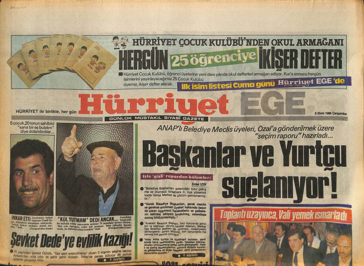 Hürriyet Gazetesi Ege Eki 8 Ekim 1986 - Denizli'de Kız Öğrenciler Yurt Bulamadı - Lahmacunlu Meclis GZ153692 - 1