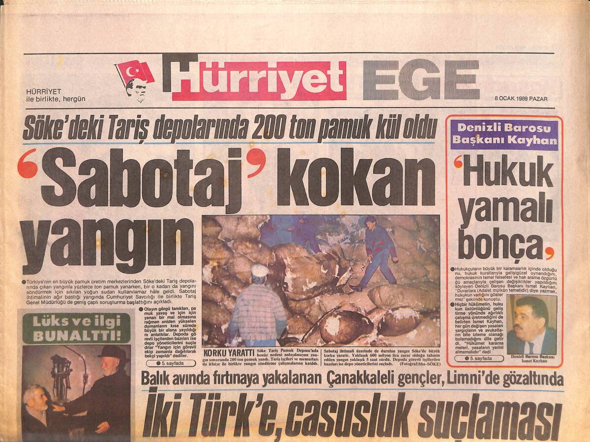 Hürriyet Gazetesi Ege Eki 8 Ocak 1989 - Söke'deki Tariş Depolarında 200 Tonluk Pamuk Kül Oldu GZ135026 - 1