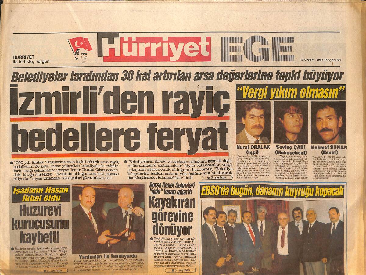 Hürriyet Gazetesi Ege Eki 9 Kasım 1989 - İzmirli' den Rayiç Bedellere Feryat - İş Adamı Hasan İkbal Öldü - Acil Servis'te Kimlik Eziyeti GZ135658 - 1