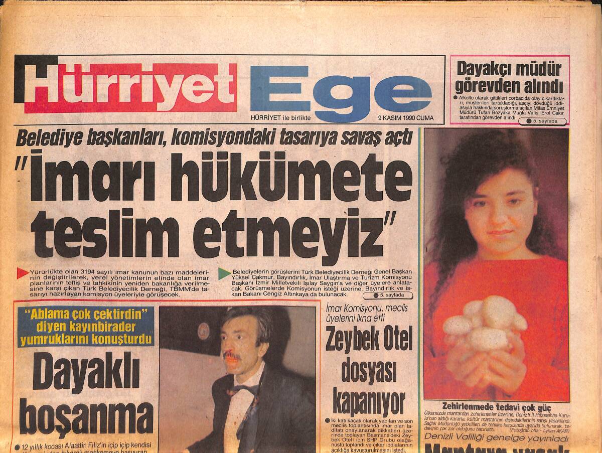 Hürriyet Gazetesi Ege Eki 9 Kasım 1990 - Zeybek Otel Dosyası Kapanıyor - Sarılık Alarmı GZ135053 - 1