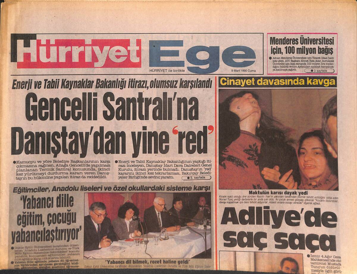 Hürriyet Gazetesi Ege Eki 9 Mart 1990 - Altay , Galatasaray'dan Çekinmiyor - Genceli Santralı'na Danıştay'dan Yine Red GZ135031 - 1