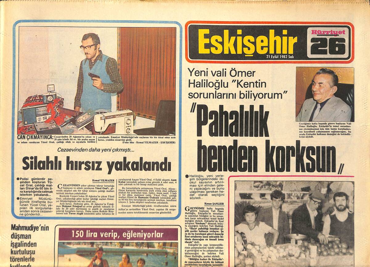 Hürriyet Gazetesi Eskişehir Eki 21 Eylül 1982 - Yeni Vali Ömer Haliloğlu: Kentin Sorunlarını Biliyorum - Bademlik Havuzu'nun Sefasını Kızlar Sürüyor GZ156604 - 1