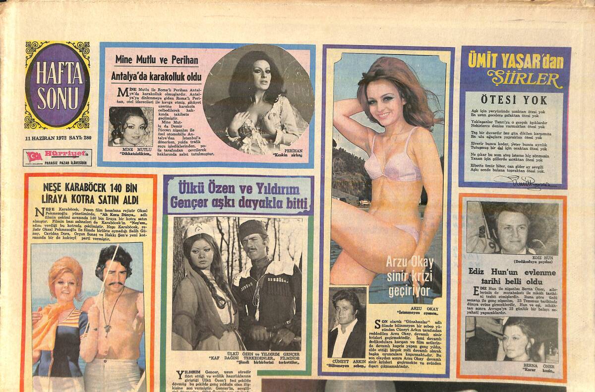 Hürriyet Gazetesi Hafta Sonu Eki 11 Haziran 1972 - Mine Mutlu Ve Perihan Karakolluk - Neşe Karaböcek Kotra Satın Aldı - Figen Han Hayatını Oynayacak GZ156757 - 1