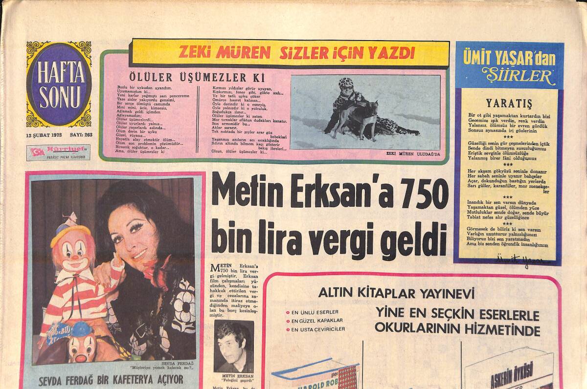Hürriyet Gazetesi Hafta Sonu Eki 13 Şubat 1972 - Zeki Müren Uludağ'da - Sevda Ferdağ Bir Kafeterya Açıyor - Cüneyt Arkın İle Tarık Akan Kavga Etti GZ156454 - 1