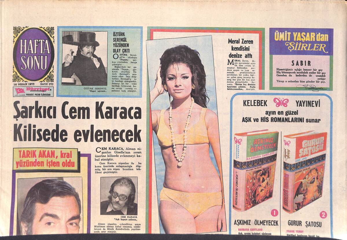 Hürriyet Gazetesi Hafta Sonu Eki 16 Nisan 1972 - Cem Karaca Kilisede Evlenecek - Fatma Girik Film Şirketi Açtı - Barış Manço - Figen Han -Kartal Tibet GZ156451 - 1
