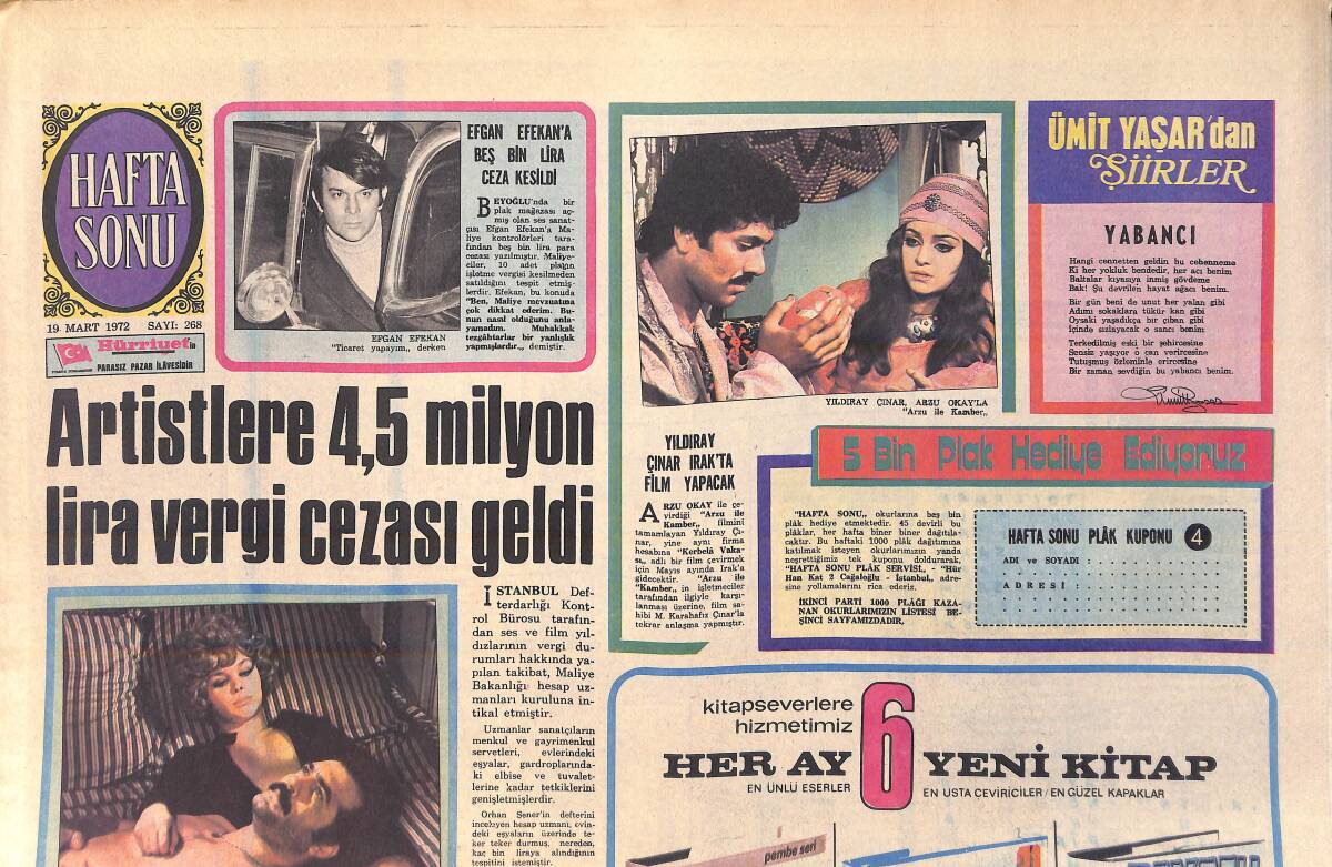 Hürriyet Gazetesi Hafta Sonu Eki 19 Mart 1972 - Fikret Hakan İle Gülgün Erdem Kaza Geçirdiler - Yıldıray Çınar Irak'ta Film Yapacak GZ156469 - 1