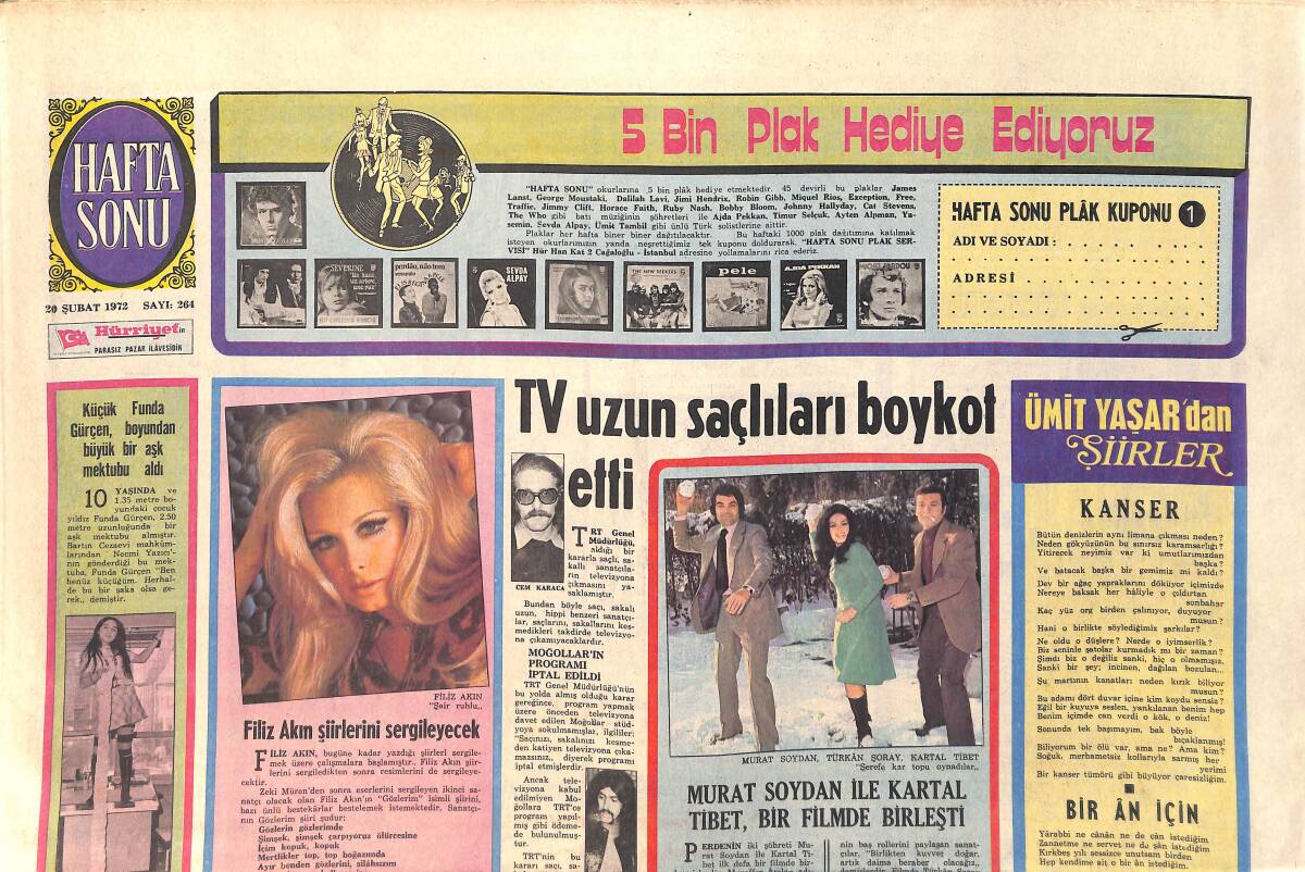 Hürriyet Gazetesi Hafta Sonu Eki 20 Şubat 1972 - Filiz Akın Şiirlerini Sergileyecek - Ajda Pekkan Evleniyor - Murat Soydan İle Kartal Tibet Bir Filmde GZ156742 - 1