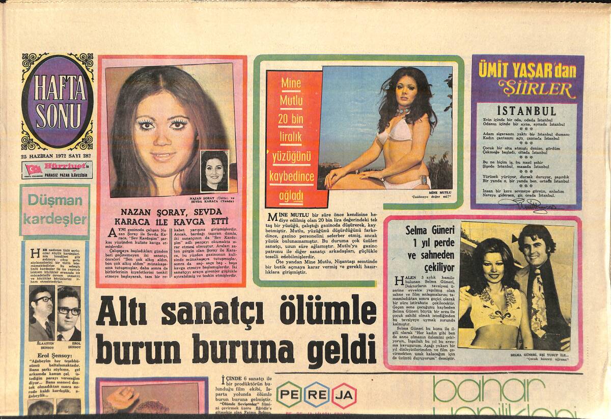Hürriyet Gazetesi Hafta Sonu Eki 25 Haziran 1972 - Mine Mutlu 20 Bin Liralık Yüzüğünü Kaybedince Ağladı - Hülya Koçyiğit Hint Dansları Öğreniyor GZ156758 - 1
