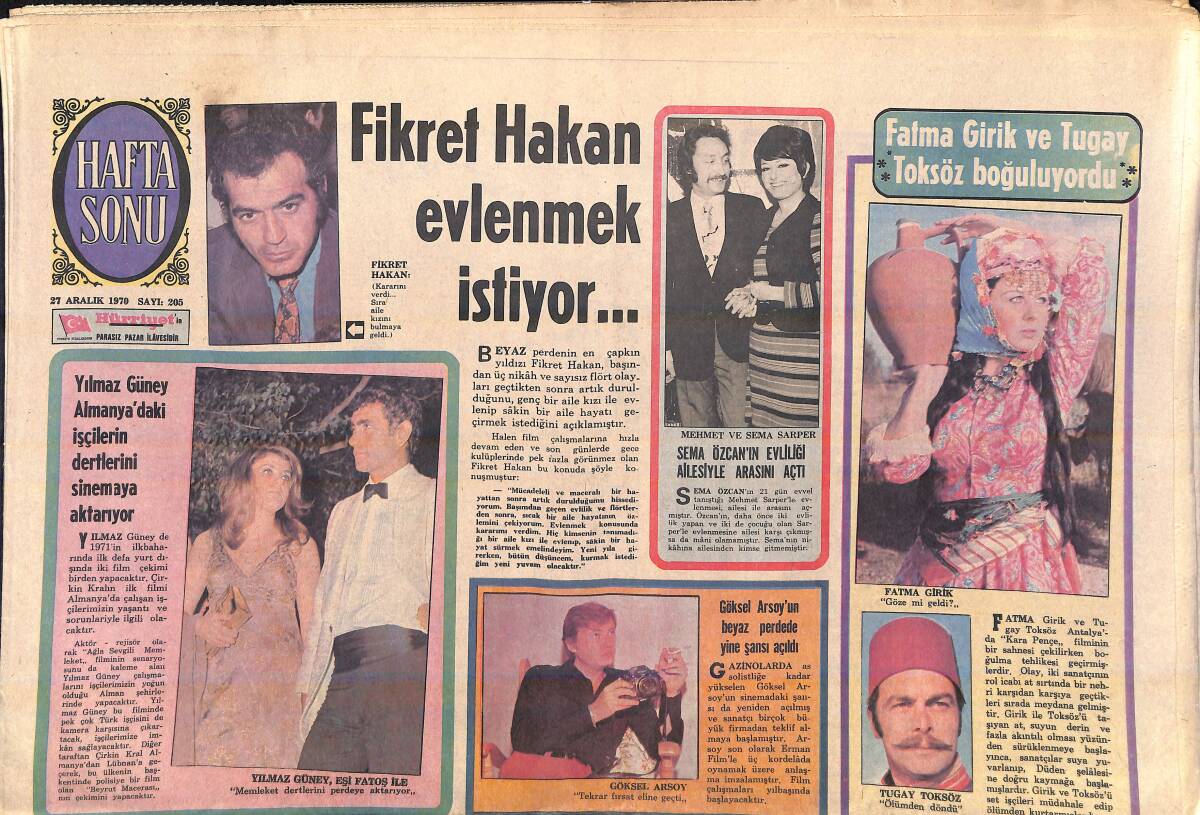 Hürriyet Gazetesi Hafta Sonu Eki 27 Aralık 1970 - Yılmaz Güney Almanya'daki İşçilerin Dertlerini Sinemaya Aktarıyor - Fikret Hakan Evlenmek İstiyor GZ156790 - 1