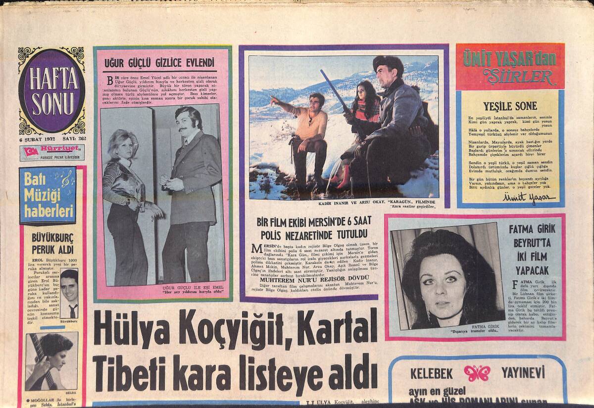 Hürriyet Gazetesi Hafta Sonu Eki 6 Şubat 1972 - Fatma Girik Beyrut'ta İki Film Yapacak - Hülya Koçyiğit, Kartal Tibet'i Kara Listeye Aldı GZ156509 - 1