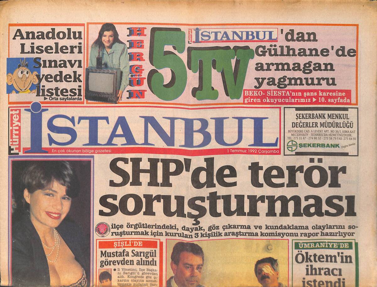 Hürriyet Gazetesi İstanbul Eki 1 Temmuz 1992 - SHP'de Terör Soruşturması GZ159300 - 1