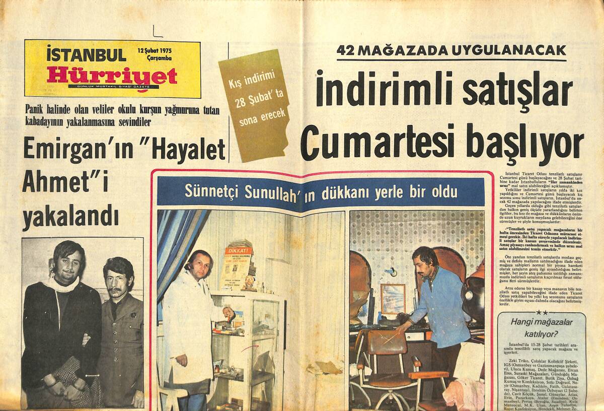 Hürriyet Gazetesi İstanbul Eki 12 Şubat 1975 - Kazlıçeşme'de İki Deri Fabrikası Yandı - Emirgan'ın Hayalet Ahmet'i Yakalandı GZ142379 - 1