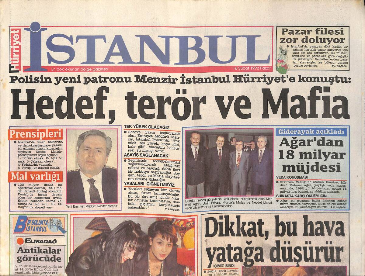Hürriyet Gazetesi İstanbul Eki 16 Şubat 1992 - Ağar'dan 18 Milyar Müjdesi GZ159292 - 1