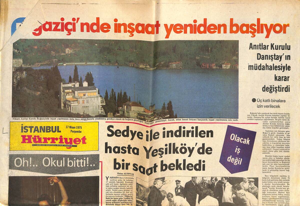 Hürriyet Gazetesi İstanbul Eki 17 Nisan 1975 - Boğaziçi'nde İnşaat Yeniden Başlıyor - Araba Vapurları Boş Gidip Geliyor GZ142382 - 1