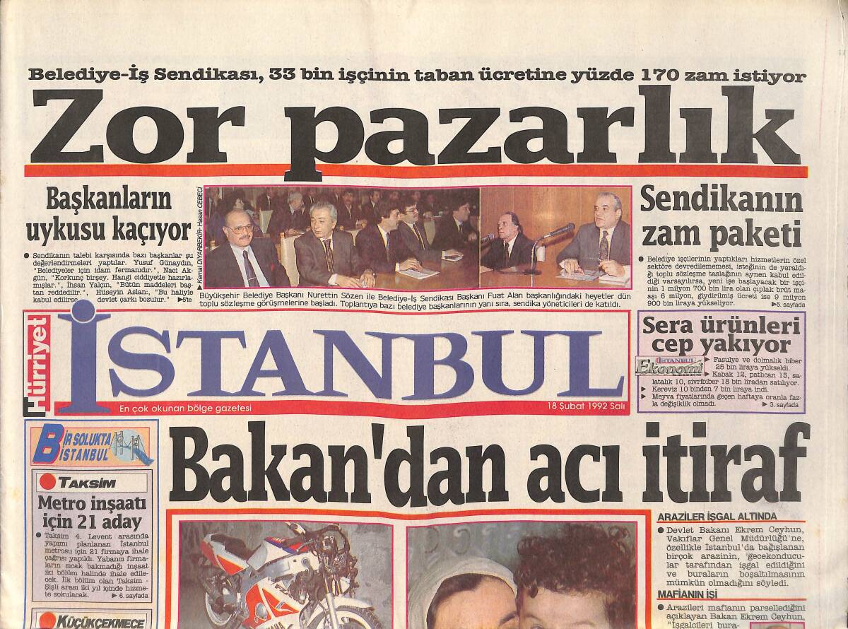 Hürriyet Gazetesi İstanbul Eki 18 Şubat 1992 - Belediye-İş Sendikası , 33 Bin İşçinin Taban Ücretine Yüzde 170 Zam İstiyor GZ159294 - 1
