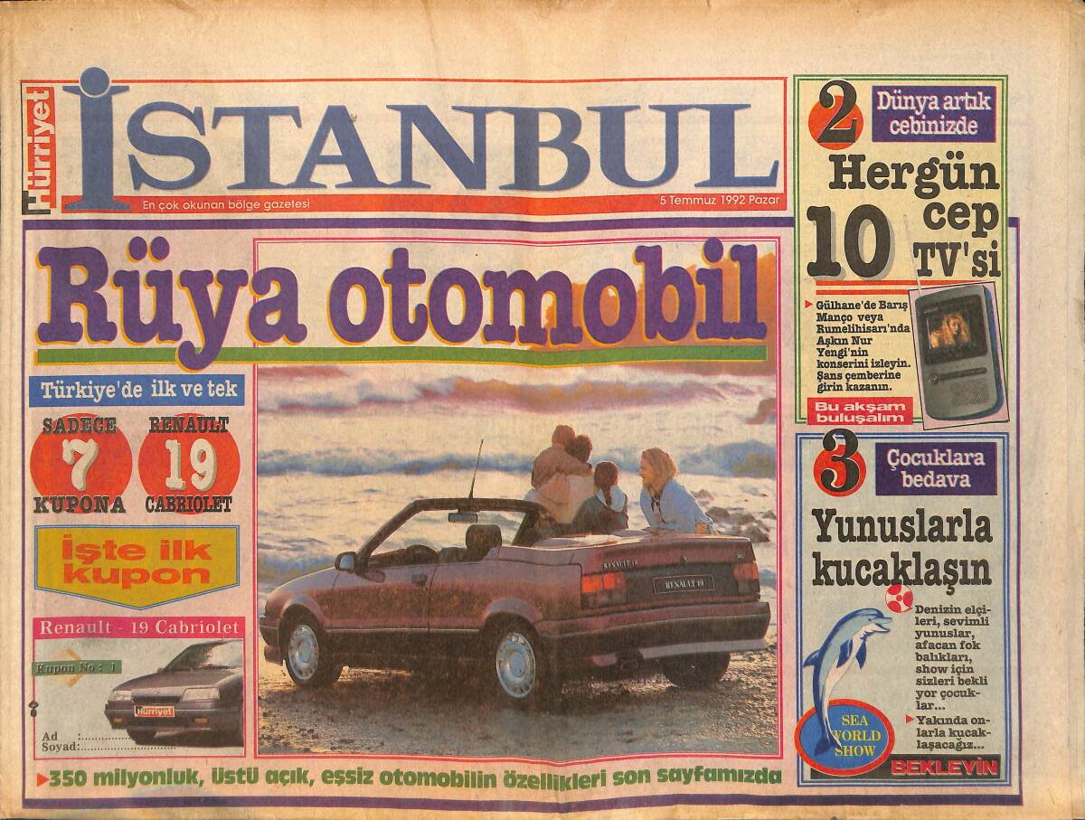 Hürriyet Gazetesi İstanbul Eki 5 Temmuz 1992 - Red Avrupa Yolcusu - Rüya Otomobil GZ159284 - 1