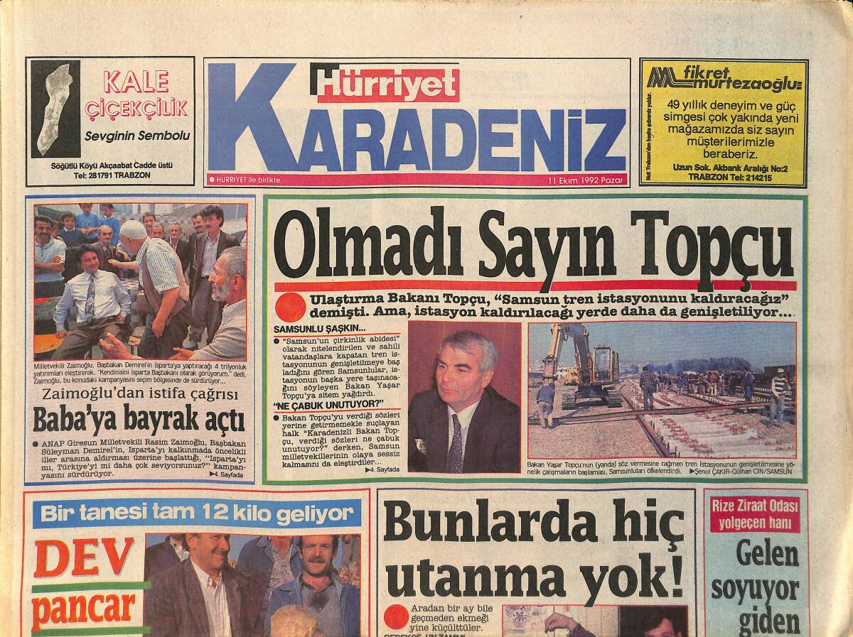 Hürriyet Gazetesi Karadeniz Eki 11 Ekim 1992 - Giresun'a Üniversite - Olmadı Sayın Topçu GZ2633 - 1