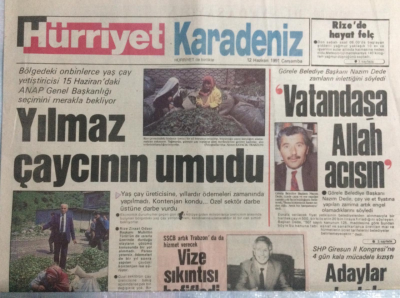 Hürriyet Gazetesi Karadeniz Eki 12 Haziran 1991 - Mesut Yılmaz Çaycının Umudu GZ21443 - 1