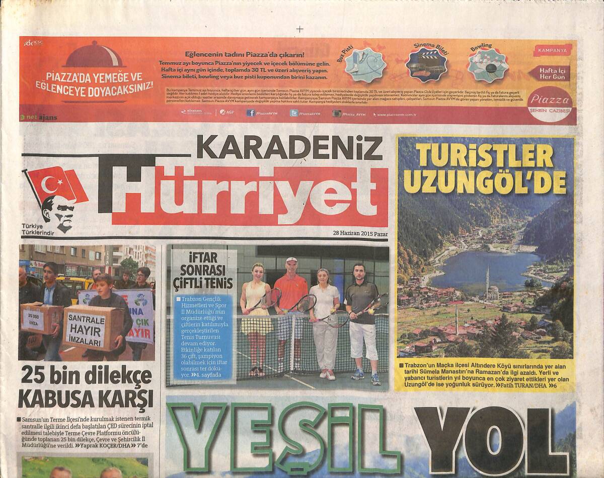 Hürriyet Gazetesi Karadeniz Eki 28 Haziran 2015 - Turistler Uzungöl'de - Onuncu Sakin Şehir Şavhat - Gümüşhane'ye Teleferikli Park GZ138765 - 1