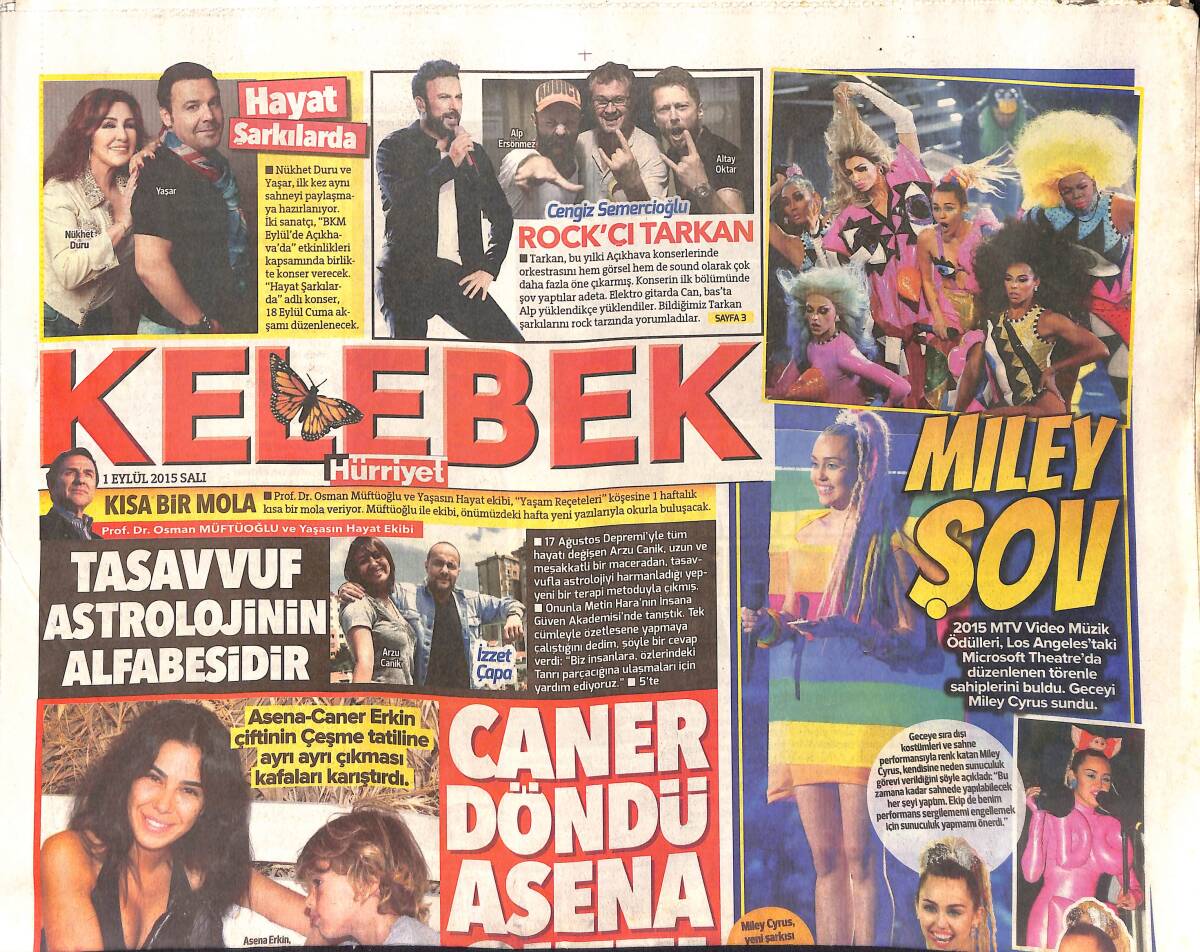 Hürriyet Gazetesi Kelebek Eki 1 Eylül 2015 - Asena-Caner Erkin Çiftinin Çeşme Tatiline Ayrı Çıkması Kafaları Karıştırdı - Miley Şov GZ154801 - 1