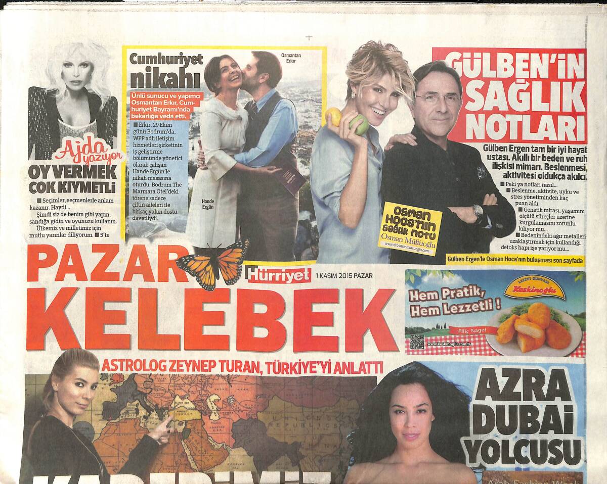 Hürriyet Gazetesi Kelebek Eki 1 Kasım 2015 - Astrolog Zeynep Turan Türkiye'yi Anlattı - Gülben'in Sağlık Notları GZ155050 - 1