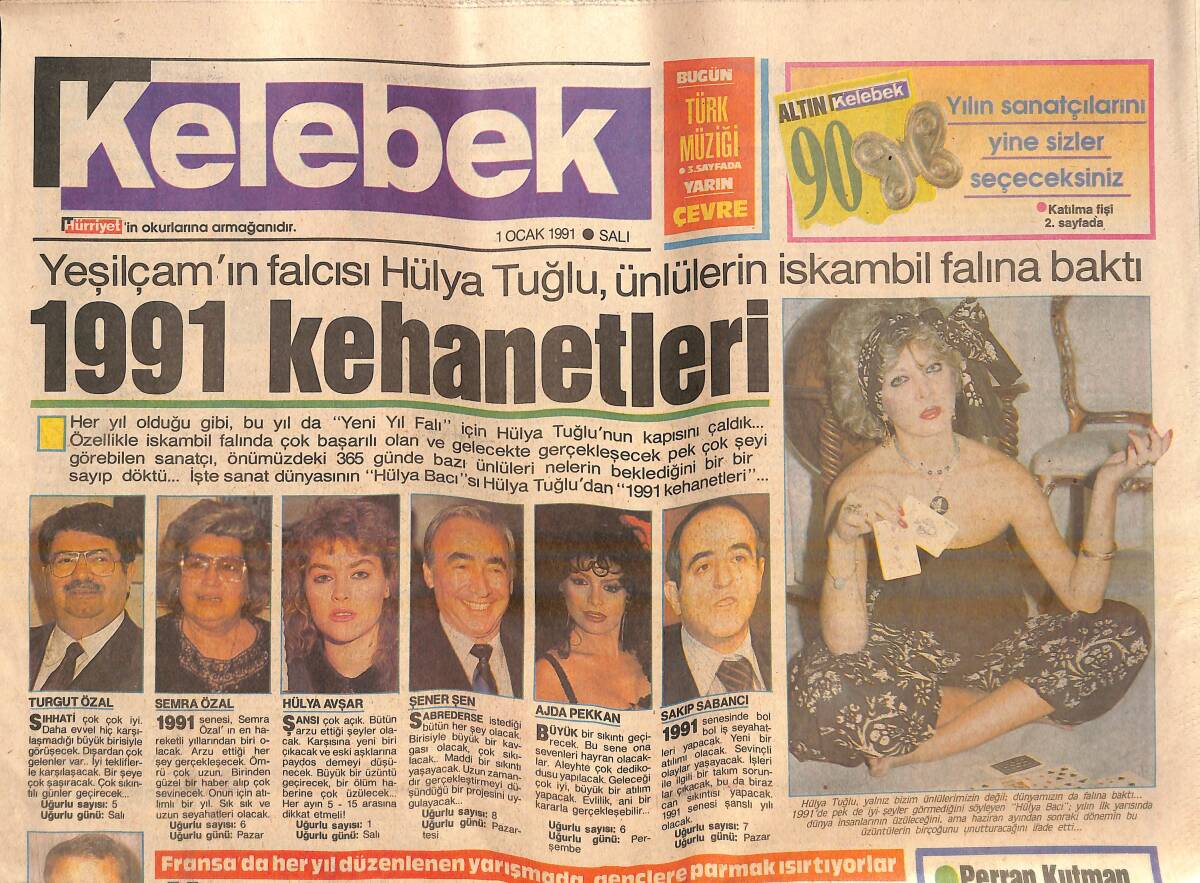 Hürriyet Gazetesi Kelebek Eki 1 Ocak 1991 - 1991 Kehanetleri - Perran Kutman Finansör Peşinde GZ138085 - 1