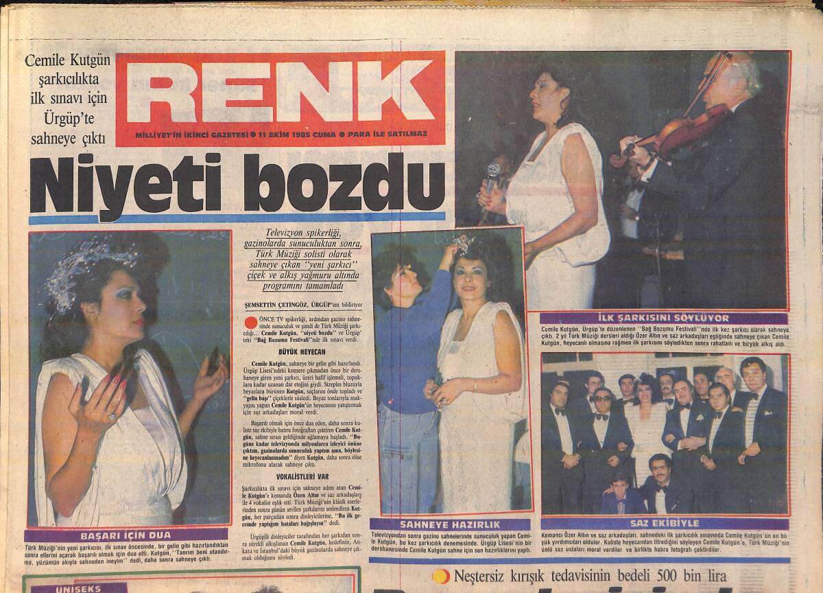 Hürriyet Gazetesi Kelebek Eki 11 Ekim 1985 - Cemile Kutgün Şarkıcılıkta İlk Sınavı İçin Ürgüp'te - Müjde Ar Gençlik Yılının Uzamasını İstedi GZ156206 - 1