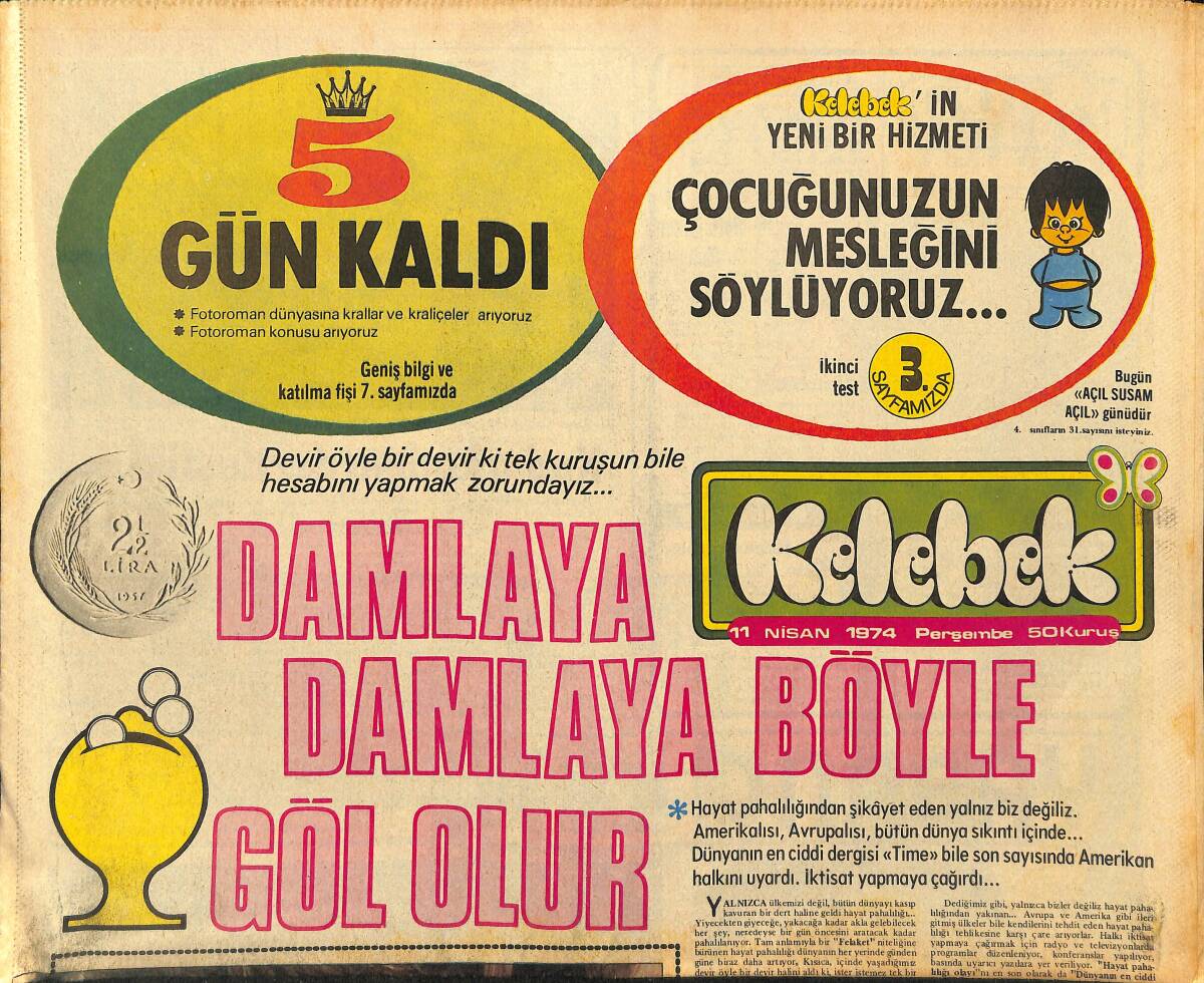 Hürriyet Gazetesi Kelebek Eki 11 Nisan 1974 - Şahane Burtonlar GZ147321 - 1