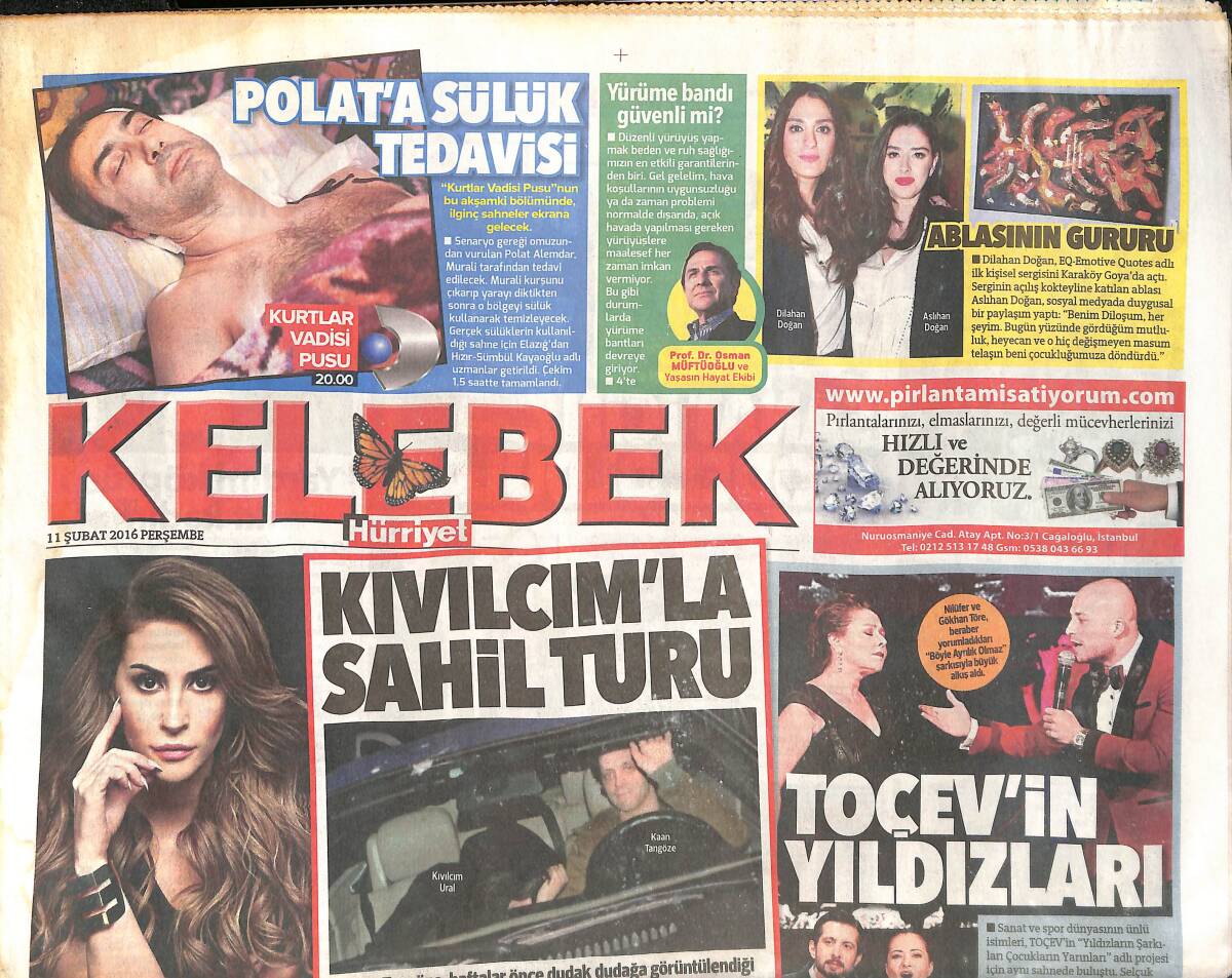 Hürriyet Gazetesi Kelebek Eki 11 Şubat 2016 - Kenan Doğulu Beren Saat Romantik Kutlama - TOÇEV'İN Yıldızları! GZ136662 - 1
