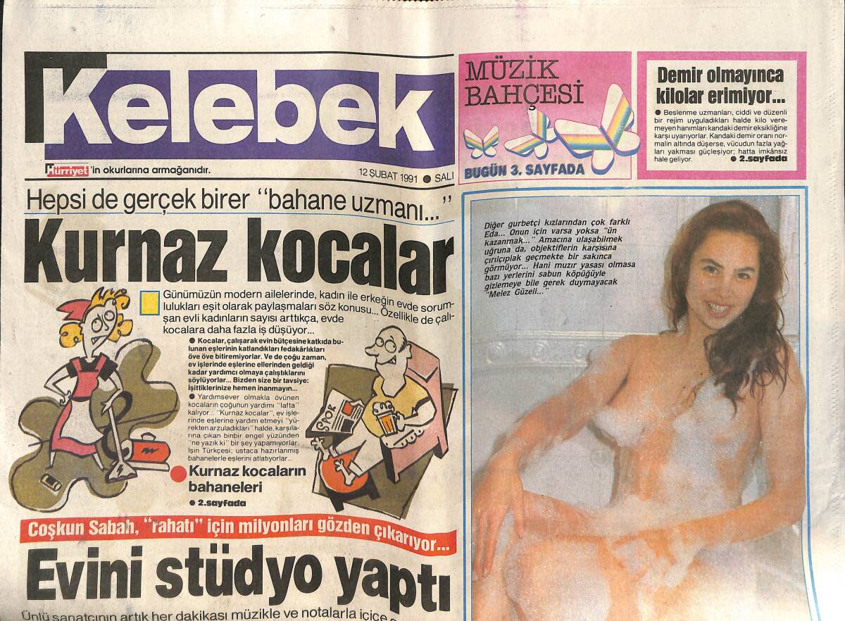 Hürriyet Gazetesi Kelebek Eki 12 Şubat 1991 - Coşkun Sabah Evine Stüdyo Yaptı - Eda Howe'nin Silahı Çıplaklık GZ138365 - 1