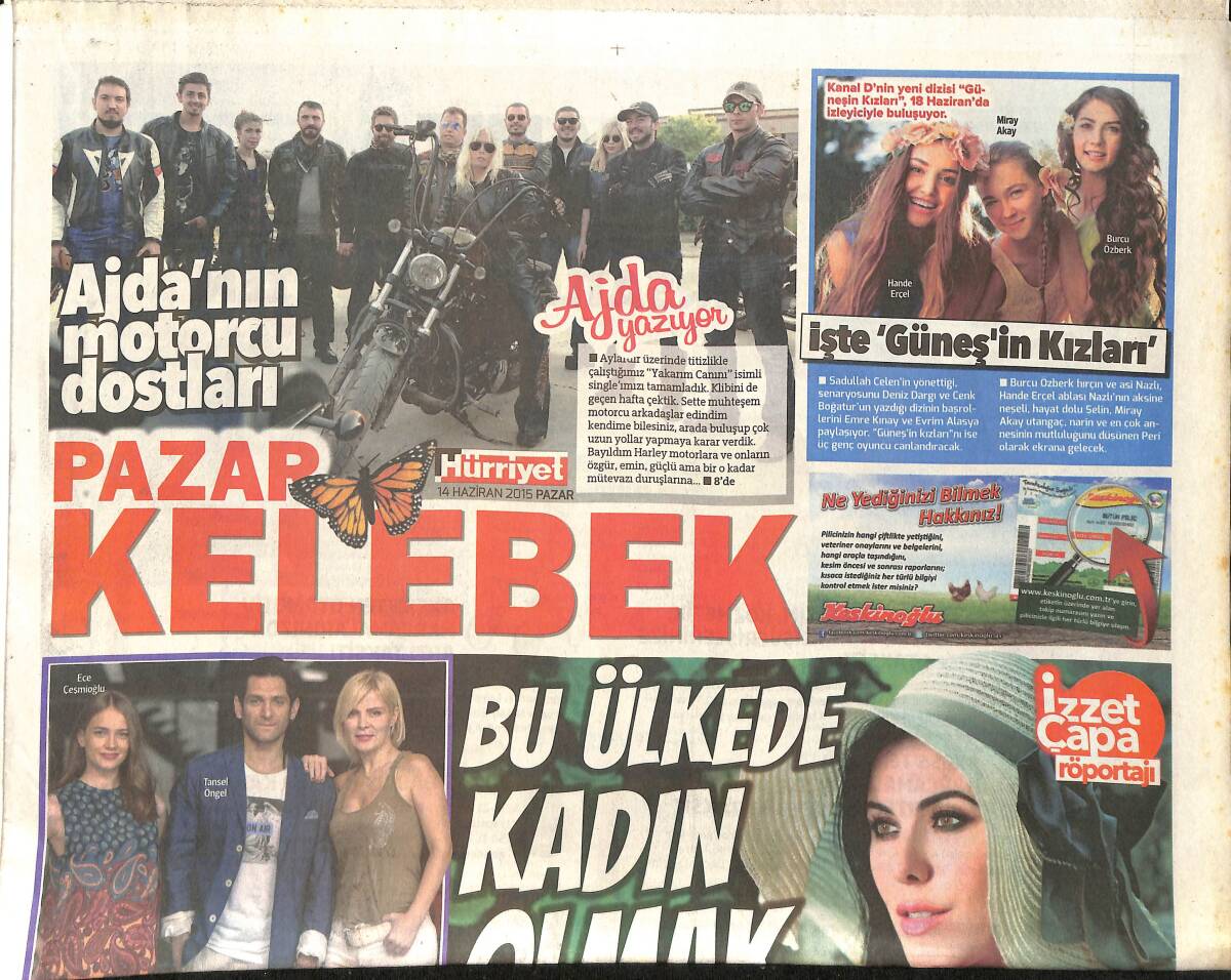 Hürriyet Gazetesi Kelebek Eki 14 Haziran 2015 - Ajda'nın Motorcu Dostları - Defne Samyeli Türkiye'de Kadın Olmanın Zorluklarını Anlattı GZ155118 - 1
