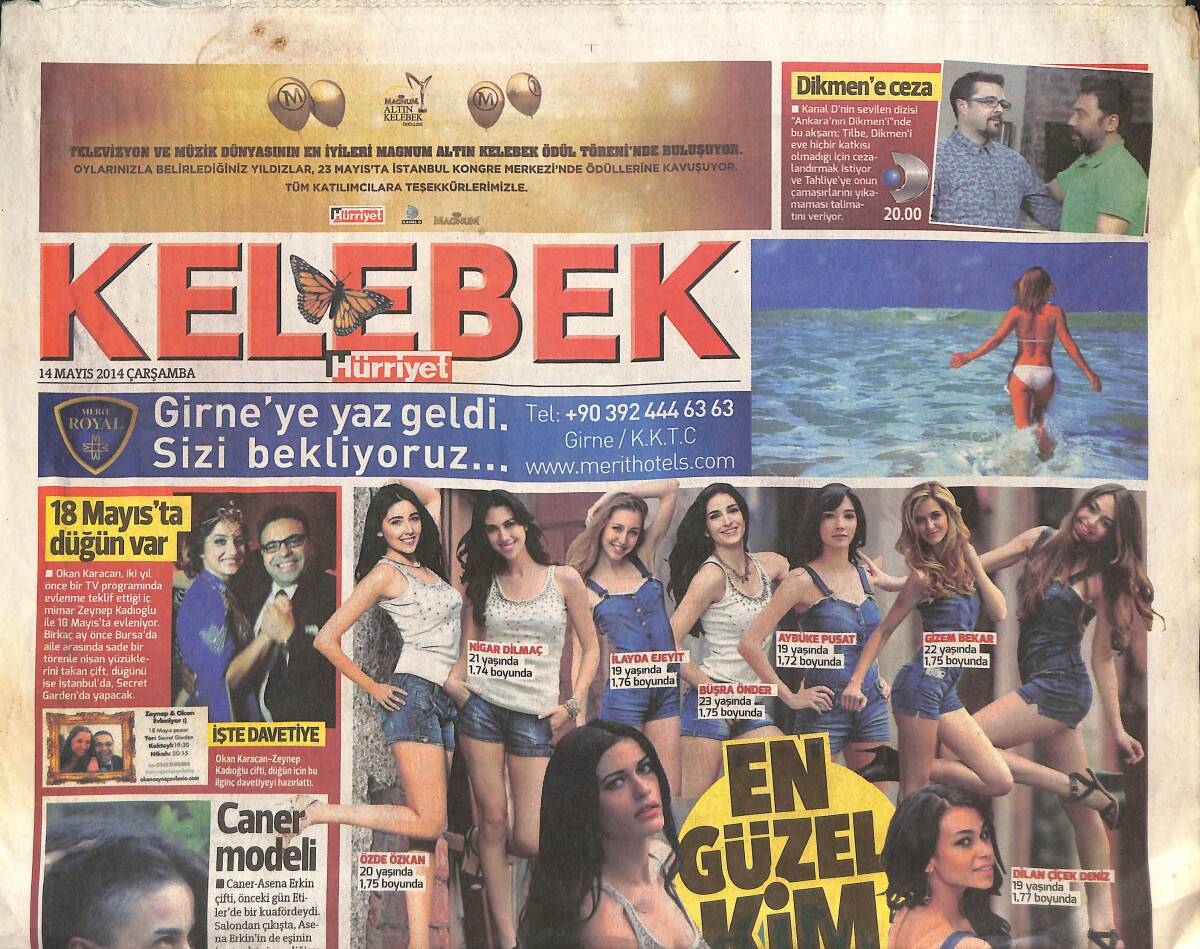 Hürriyet Gazetesi Kelebek Eki 14 Mayıs 2014 - Elidor Mİss Turkey En Güzel Kim? - Özge Ulusoy Evliliğe Uzak Değilim GZ135798 - 1