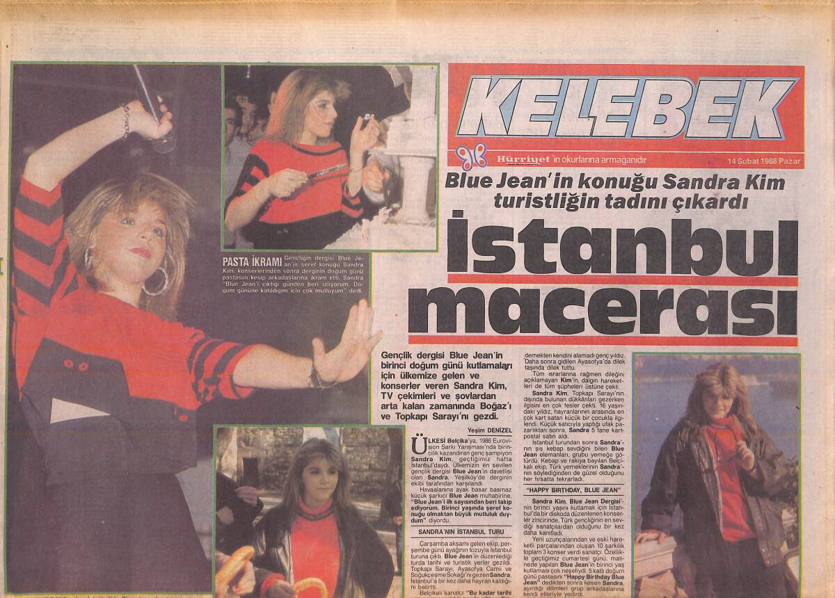 Hürriyet Gazetesi Kelebek Eki 14 Şubat 1988 - Sandra Kim Turistliğin Tadını Çıkardı - 65'lik Bernard, 24'lük Eşiyle Bitmeyen Balayında GZ156119 - 1
