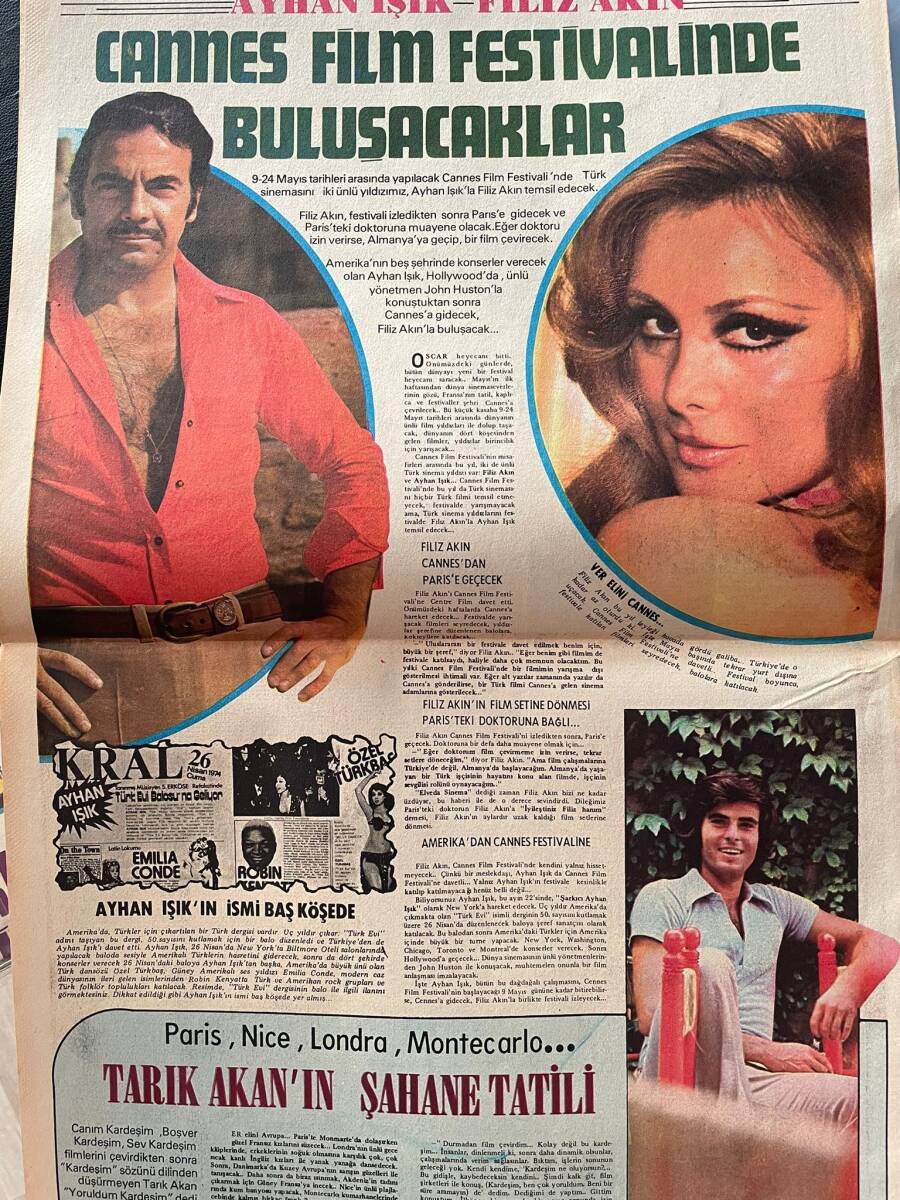 Hürriyet Gazetesi Kelebek Eki 16 Nisan 1974 - Ayhan Işık Ve Filiz Akın Cannes Film Festivalinde Buluşacak - Tarık Akan'ın Şahane Tatili GZ147413 - 2