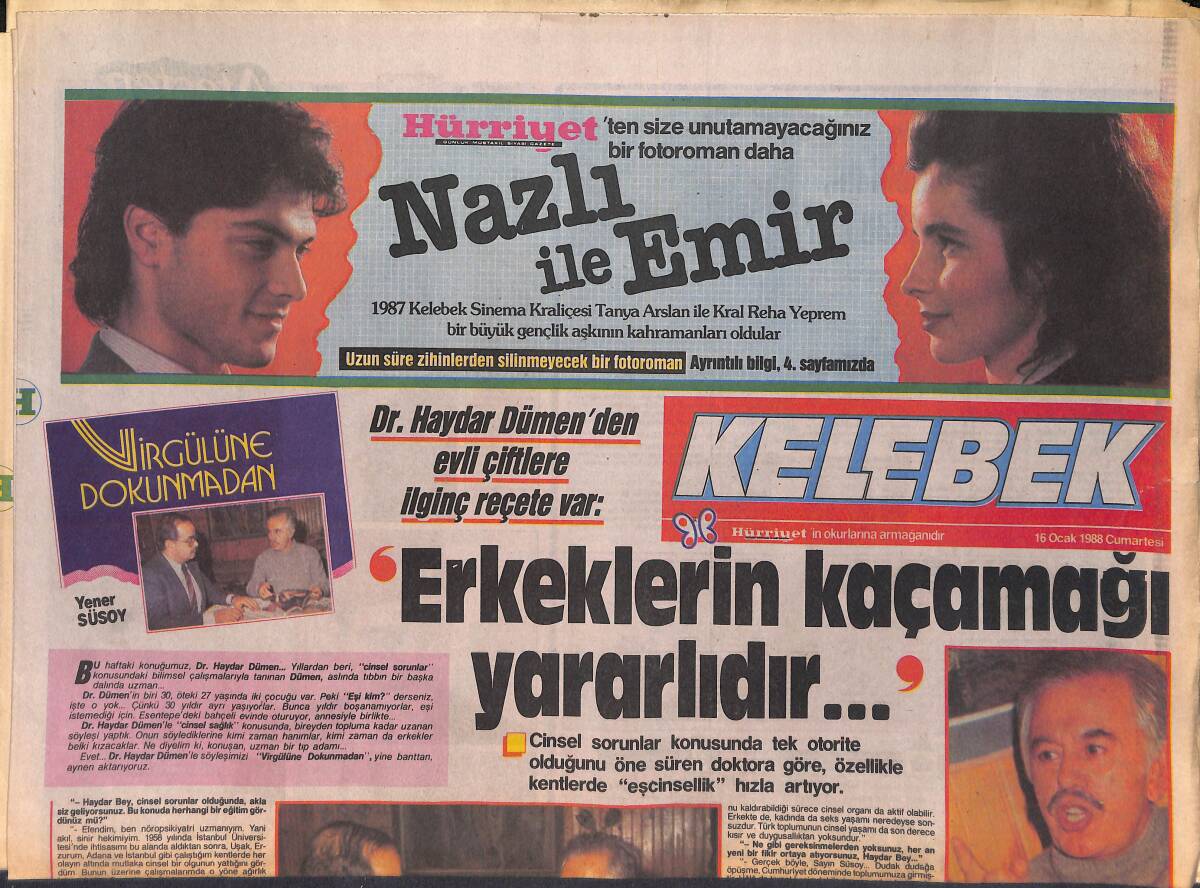 Hürriyet Gazetesi Kelebek Eki 16 Ocak 1988 - Dr. Haydar Dümen'den Evli Çiftlere İlginç Reçete: Erkeklerin Kaçamağı Yararlıdır GZ156221 - 1